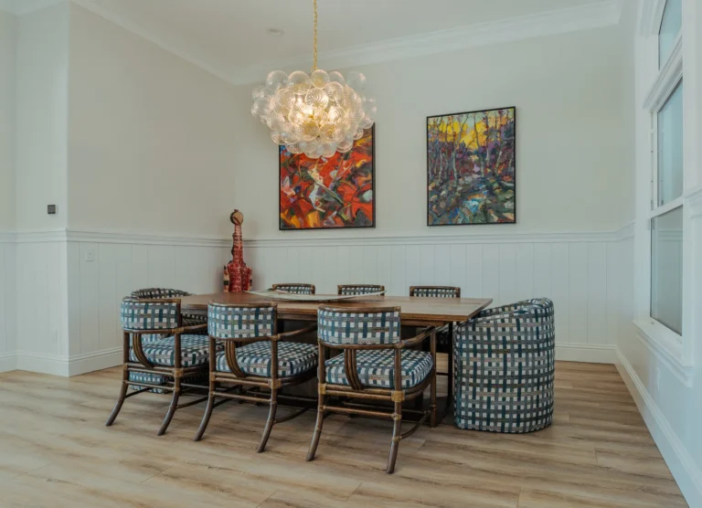 table with plaid chairs