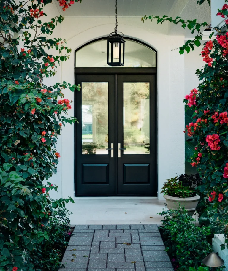Front door with flowers