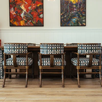 table with plaid chairs